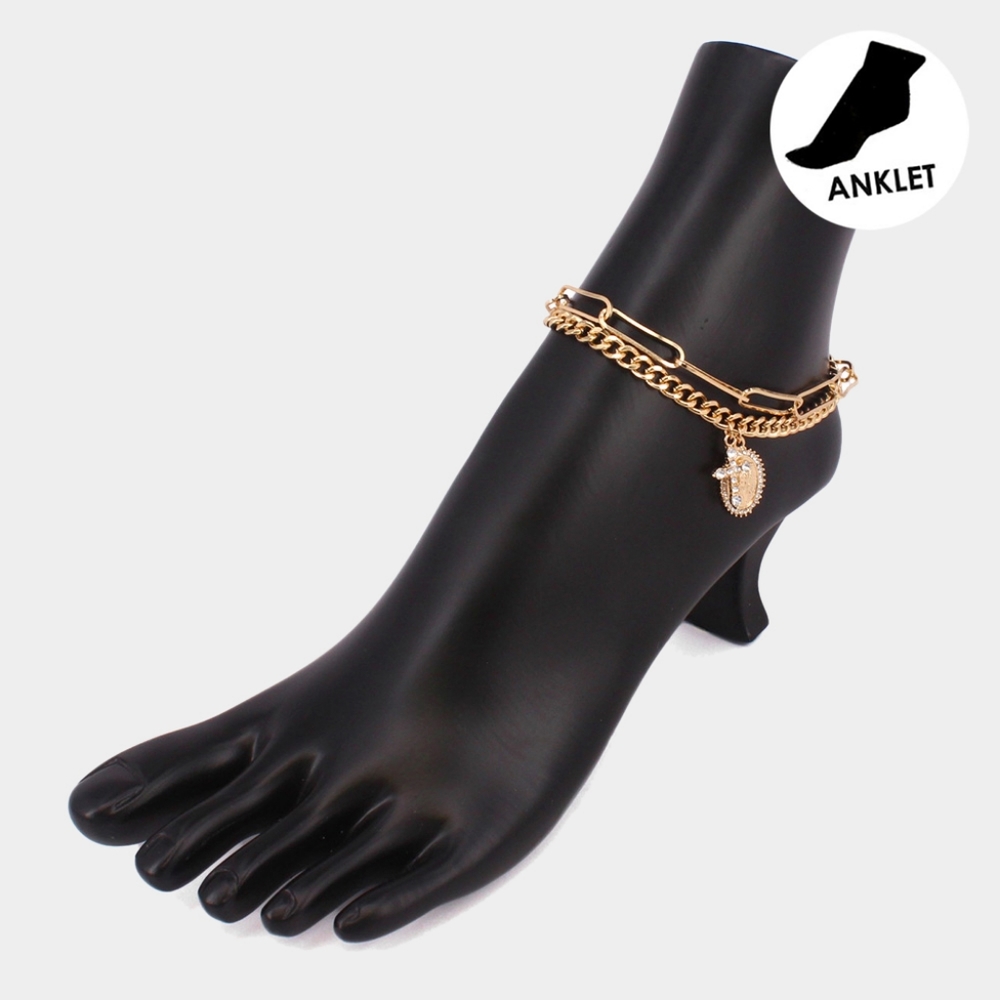 Gold Chain Virgin Mary Cross Pendant Layered Anklet Metal 2 Piece Charms